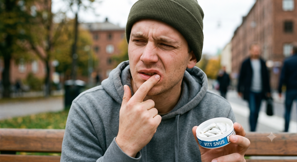 a man wincing in pain while holding a can of nicotine pouches